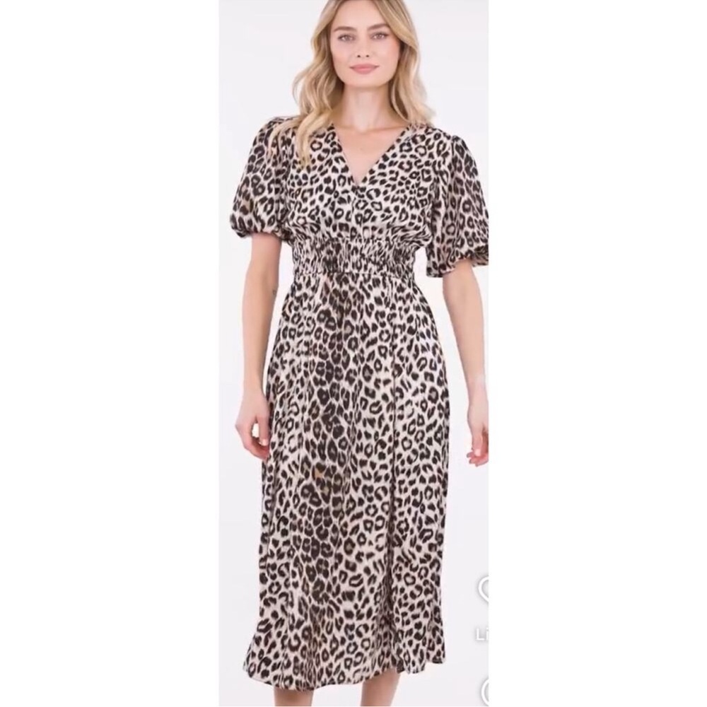 She + Sky Beige and Black Leopard Print Puff-Sleeve Midi Dress